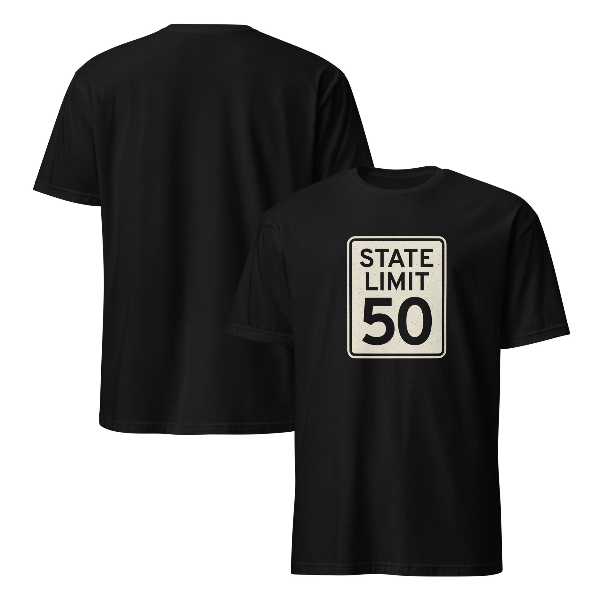 Black graphic t-shirt with a 'State Limit | Keep Canada Canadian' road sign design by State Limit Apparel.