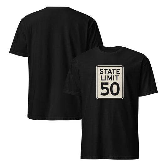 Black graphic t-shirt with a 'State Limit | Keep Canada Canadian' road sign design by State Limit Apparel.