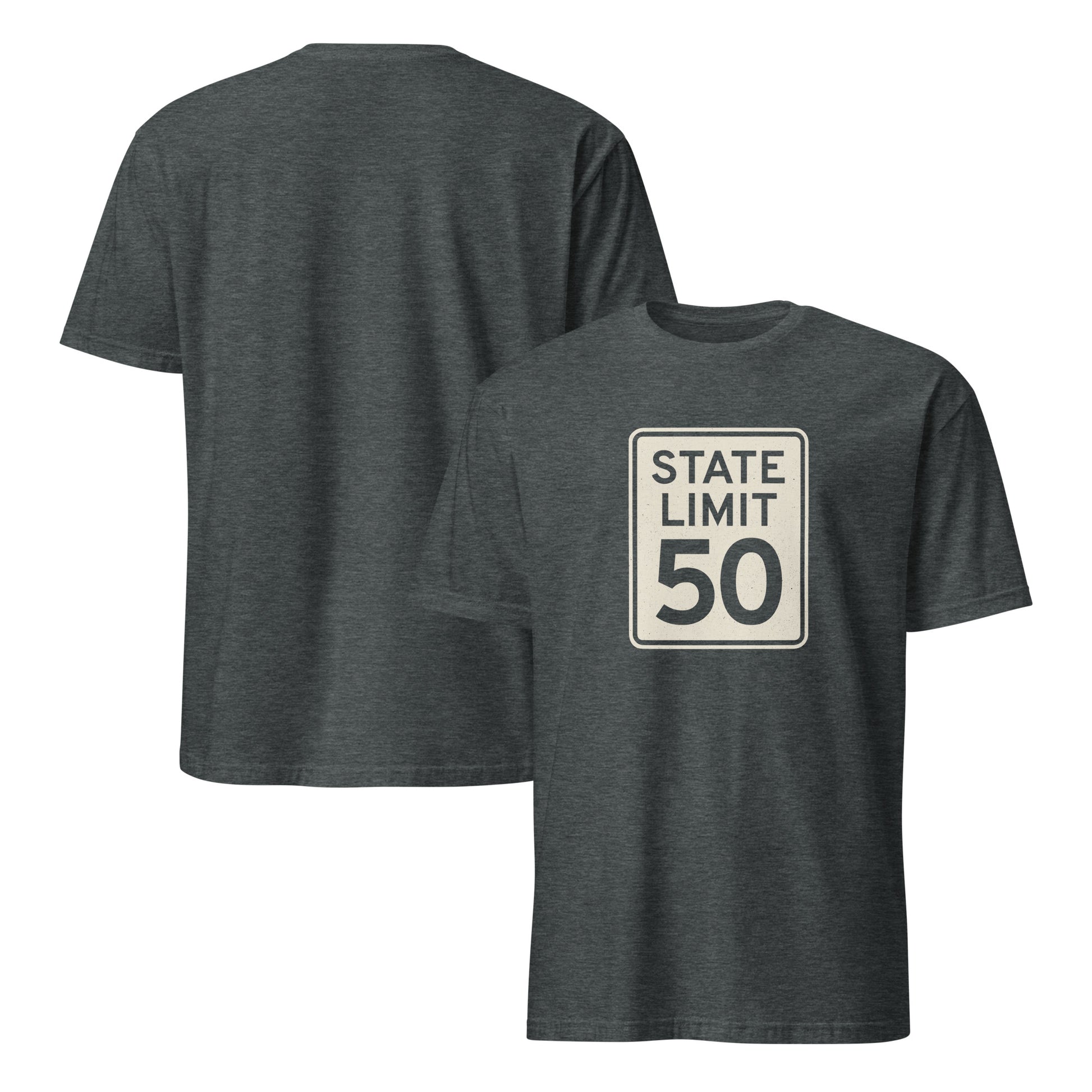 Dark heather graphic t-shirt with a 'State Limit | Keep Canada Canadian' road sign design by State Limit Apparel.