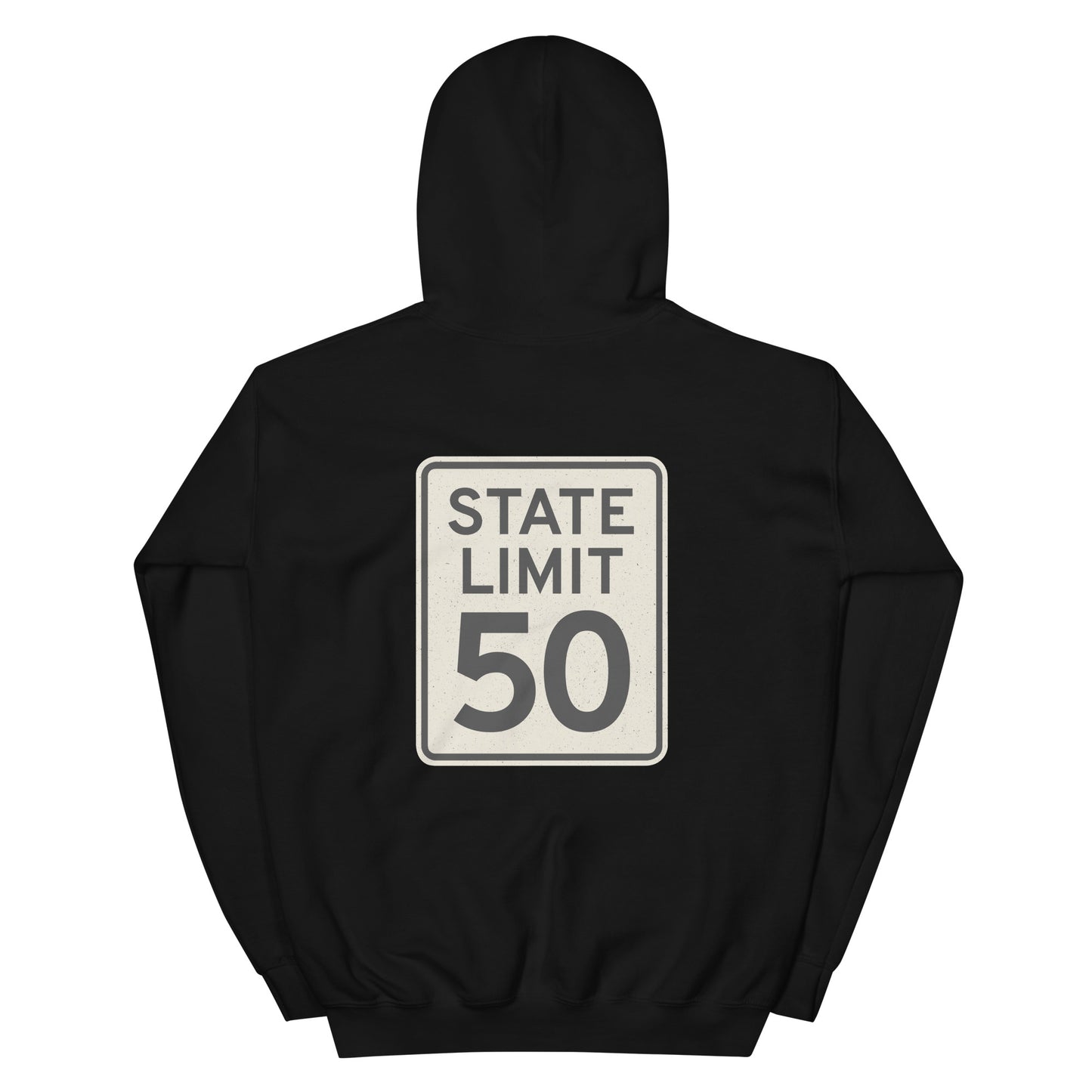 Black hoodie with a 'State Limit | Keep Canada Canadian' road sign bold graphic by State Limit Apparel on the back.