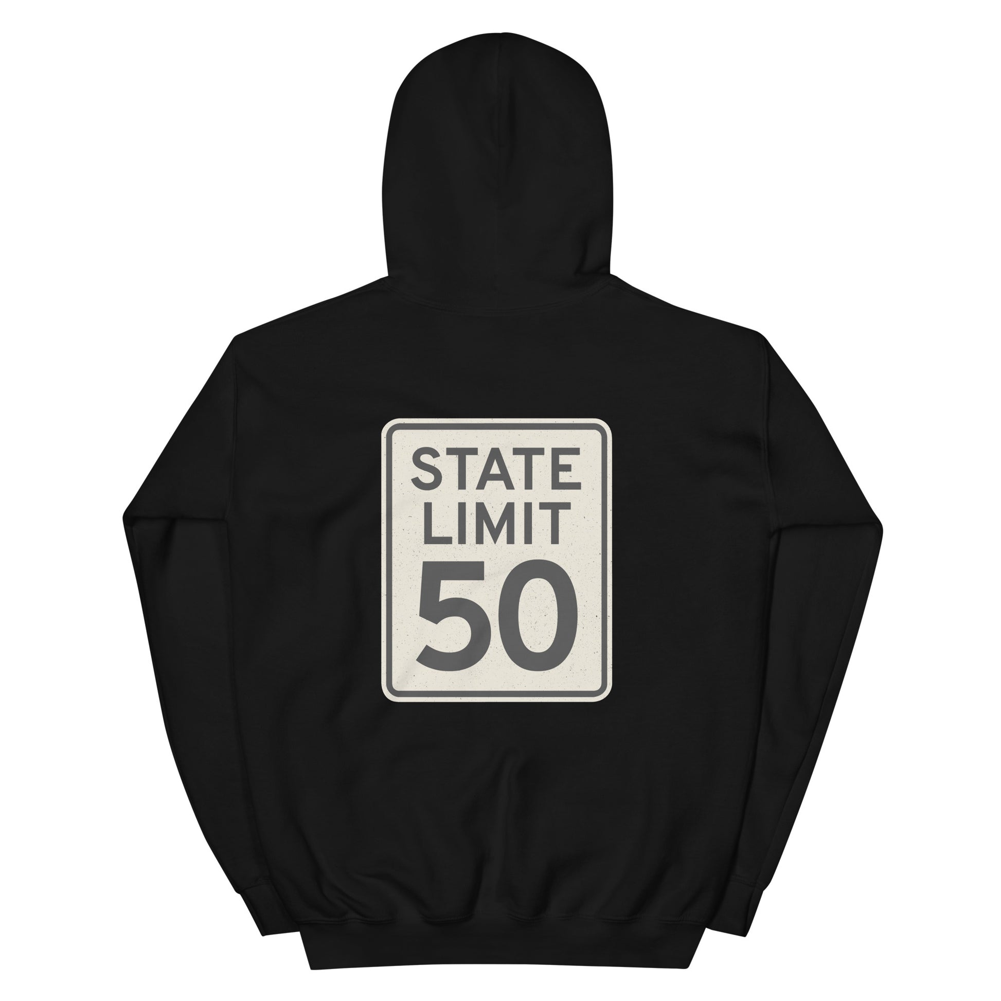 Black hoodie with a 'State Limit | Keep Canada Canadian' road sign bold graphic by State Limit Apparel on the back.