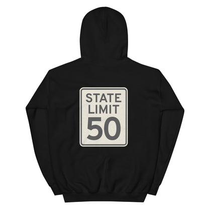 Black hoodie with a 'State Limit | Keep Canada Canadian' road sign bold graphic by State Limit Apparel on the back.