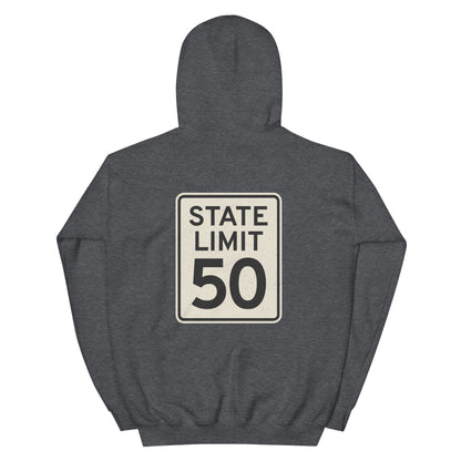 Dark Heather hoodie with a 'State Limit | Keep Canada Canadian' road sign bold graphic by State Limit Apparel on the back.