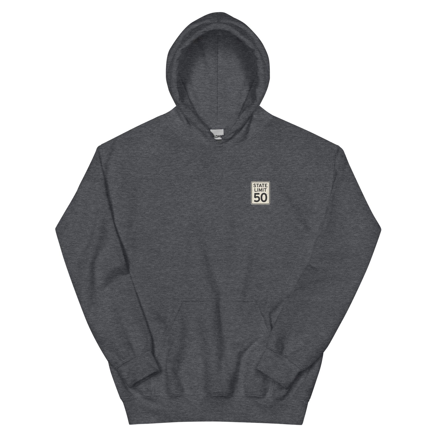 Dark Heather hoodie front with a 'State Limit | Keep Canada Canadian' road sign graphic crest by State Limit Apparel.