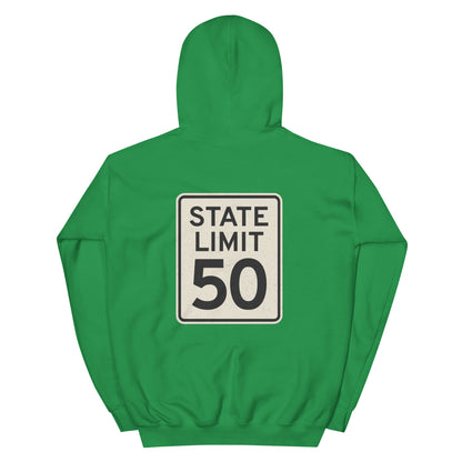 Irish Green hoodie with a 'State Limit | Keep Canada Canadian' road sign bold graphic by State Limit Apparel on the back.