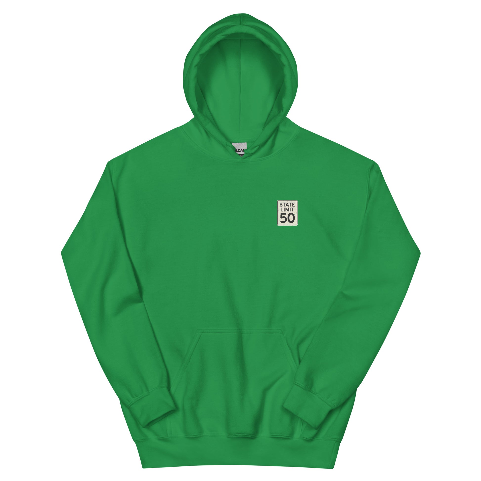 Irish Green hoodie front with a 'State Limit | Keep Canada Canadian' road sign graphic crest by State Limit Apparel.
