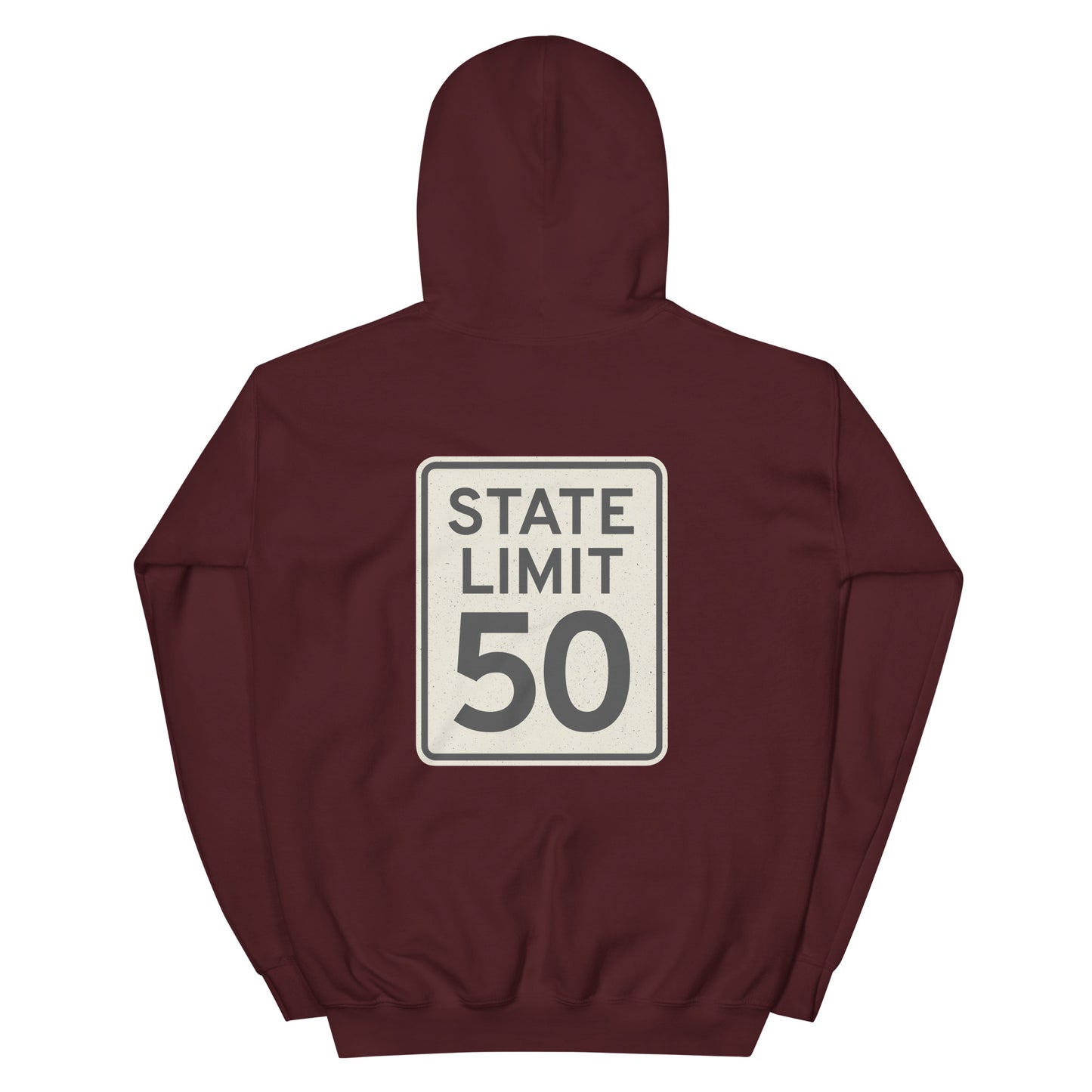 Maroon hoodie with a 'State Limit | Keep Canada Canadian' road sign bold graphic by State Limit Apparel on the back.