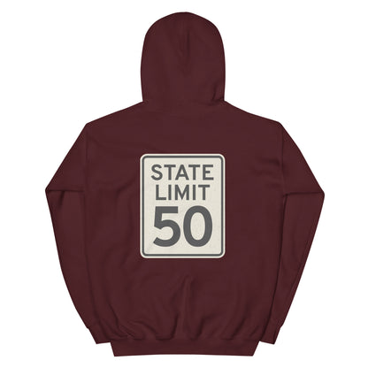Maroon hoodie with a 'State Limit | Keep Canada Canadian' road sign bold graphic by State Limit Apparel on the back.