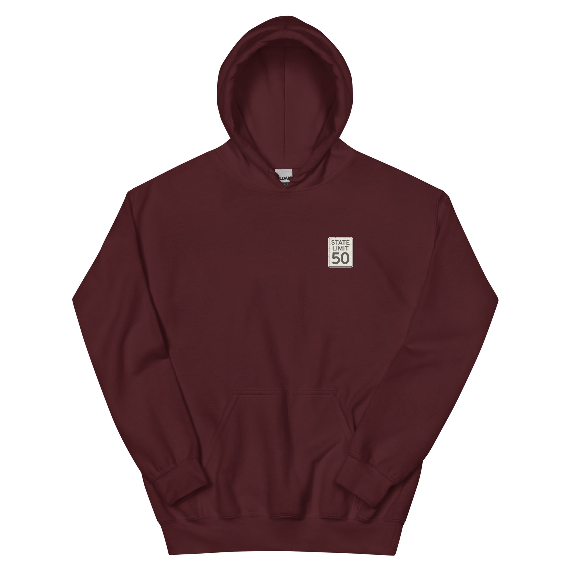 Maroon hoodie front with a 'State Limit | Keep Canada Canadian' road sign graphic crest by State Limit Apparel.