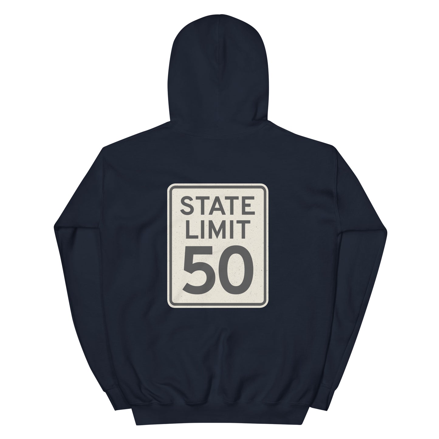 Navy hoodie with a 'State Limit | Keep Canada Canadian' road sign bold graphic by State Limit Apparel on the back.