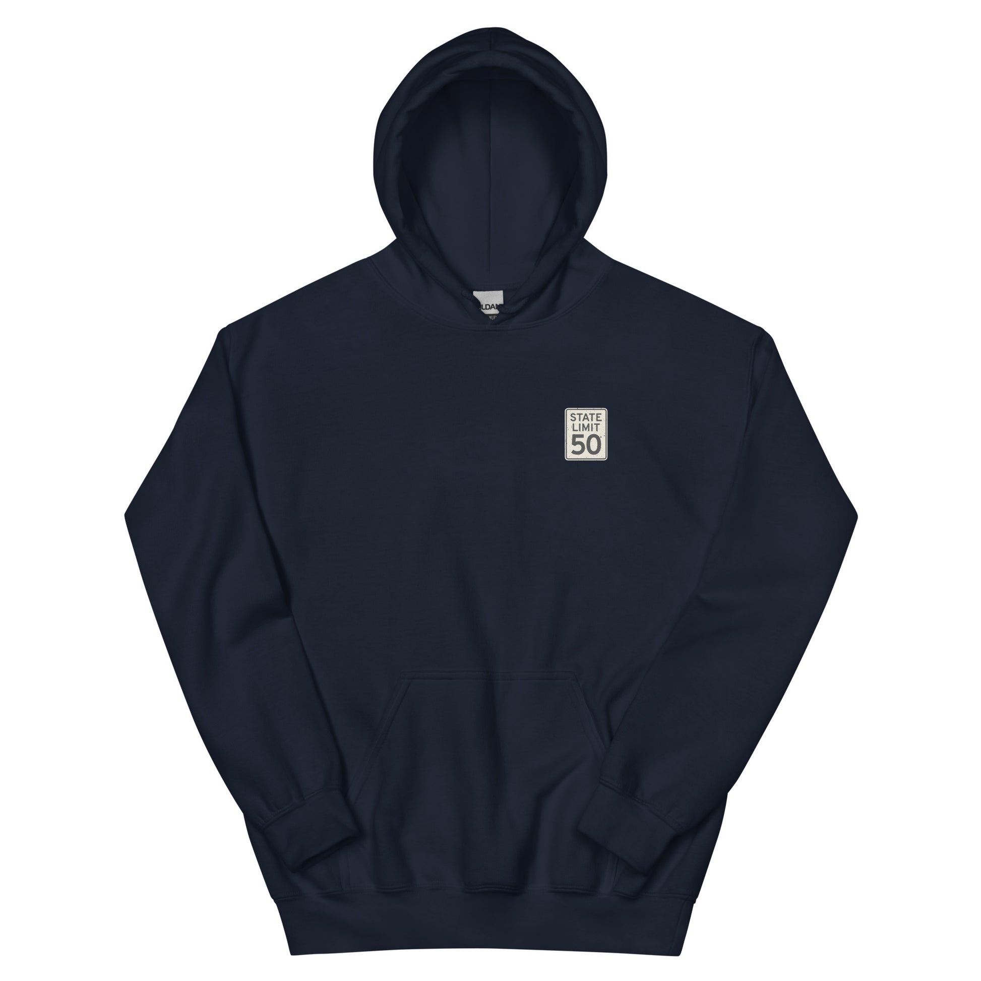 Navy hoodie front with a 'State Limit | Keep Canada Canadian' road sign graphic crest by State Limit Apparel.
