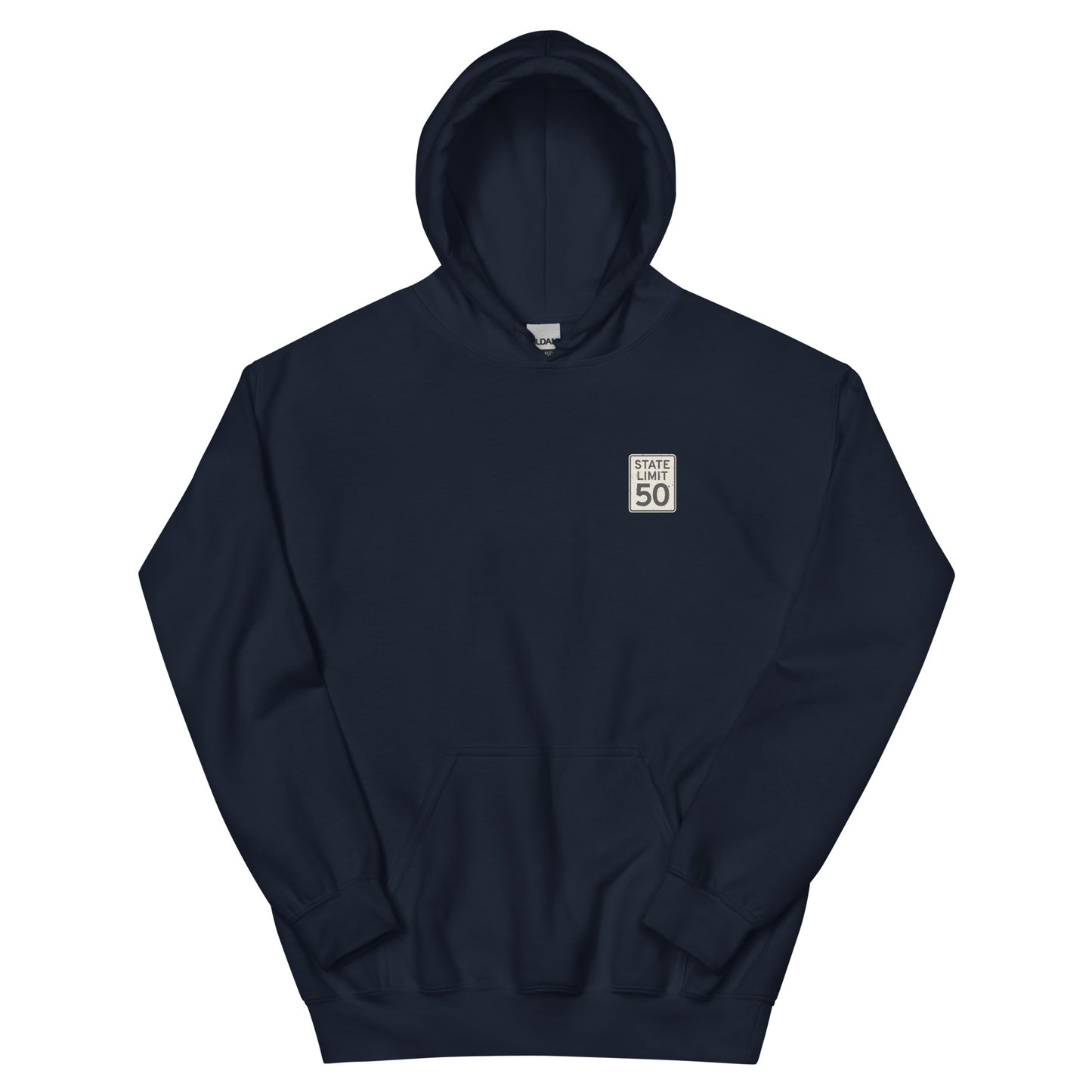 Navy hoodie front with a 'State Limit | Keep Canada Canadian' road sign graphic crest by State Limit Apparel.