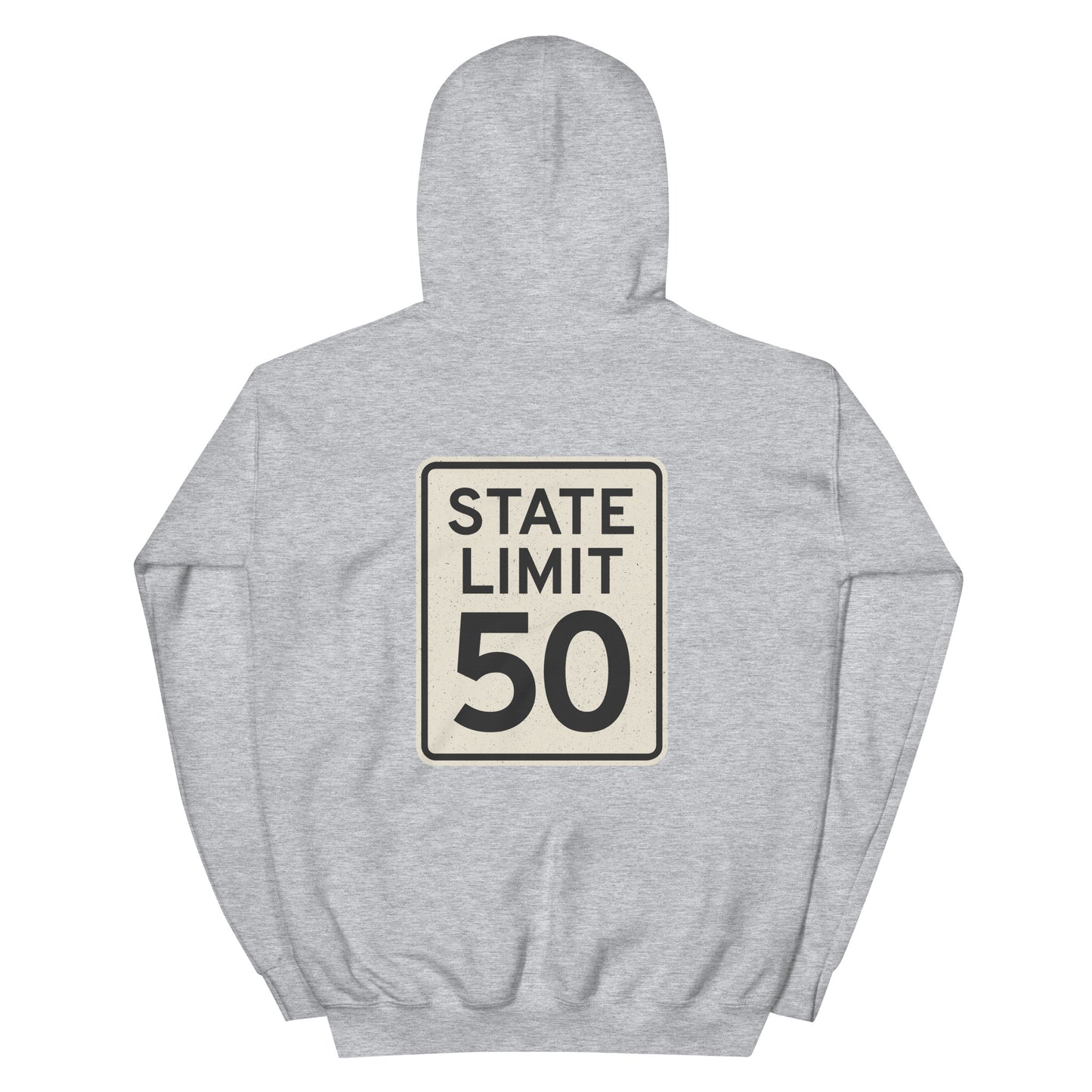Sport Grey hoodie with a 'State Limit | Keep Canada Canadian' road sign bold graphic by State Limit Apparel on the back.
