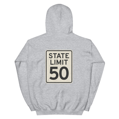 Sport Grey hoodie with a 'State Limit | Keep Canada Canadian' road sign bold graphic by State Limit Apparel on the back.