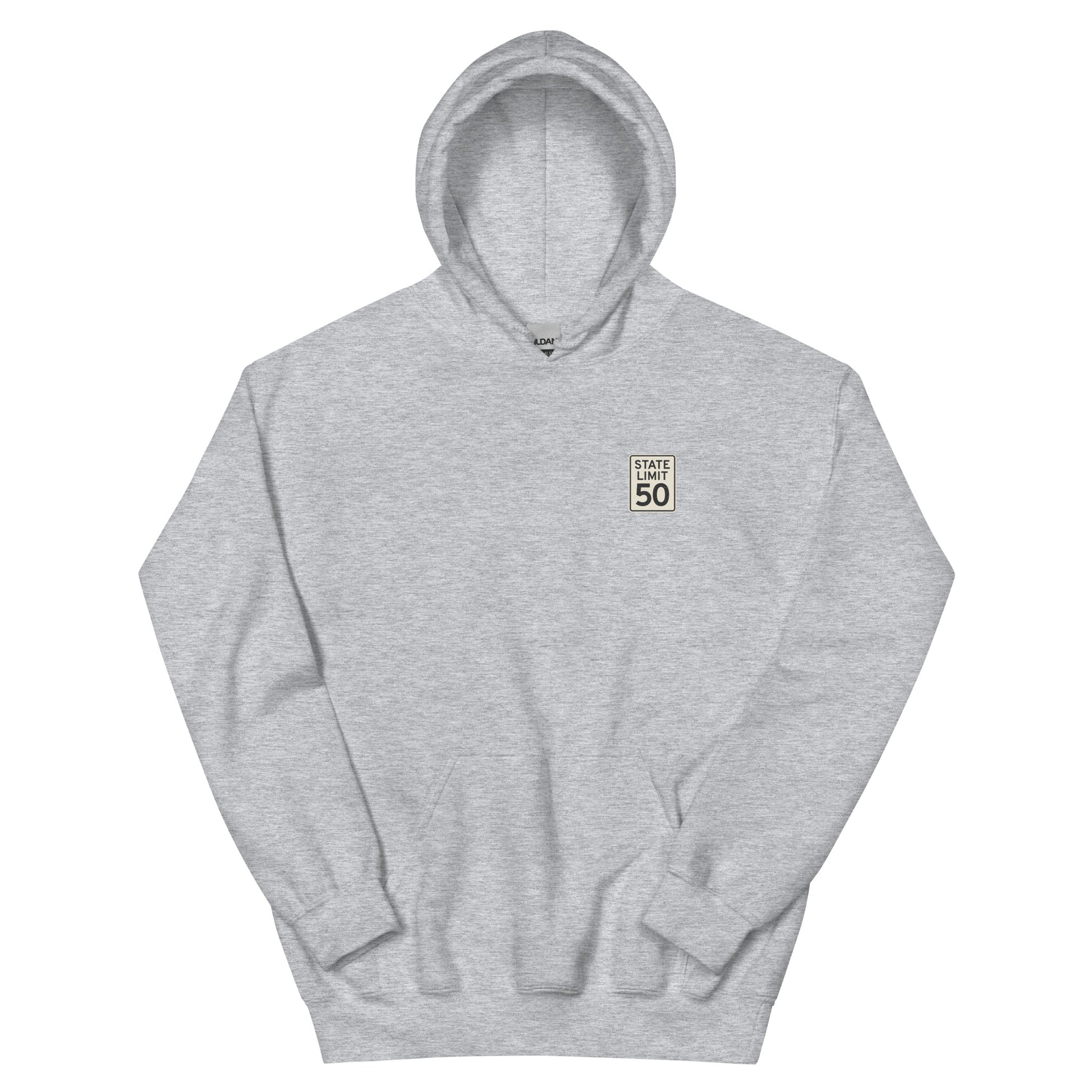 Sport grey hoodie front with a 'State Limit | Keep Canada Canadian' road sign graphic crest by State Limit Apparel.