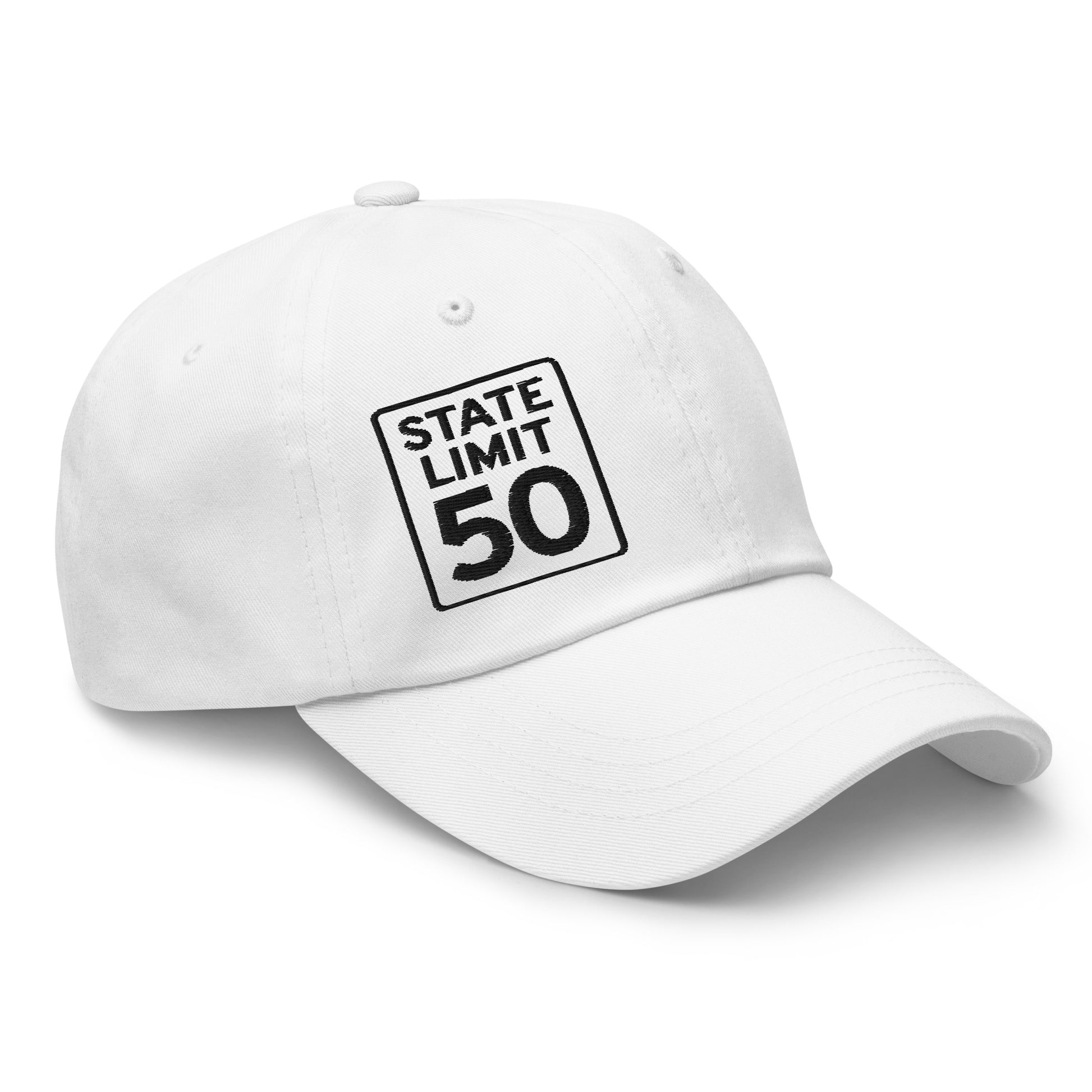 White classic dad hat embroidered with a 'State Line | 50 is Just Fine' road sign graphic by State Limit Apparel.