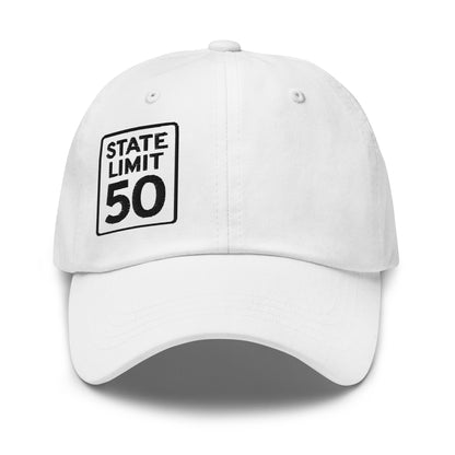 White classic dad hat embroidered with a 'State Line | 50 is Just Fine' road sign graphic by State Limit Apparel.