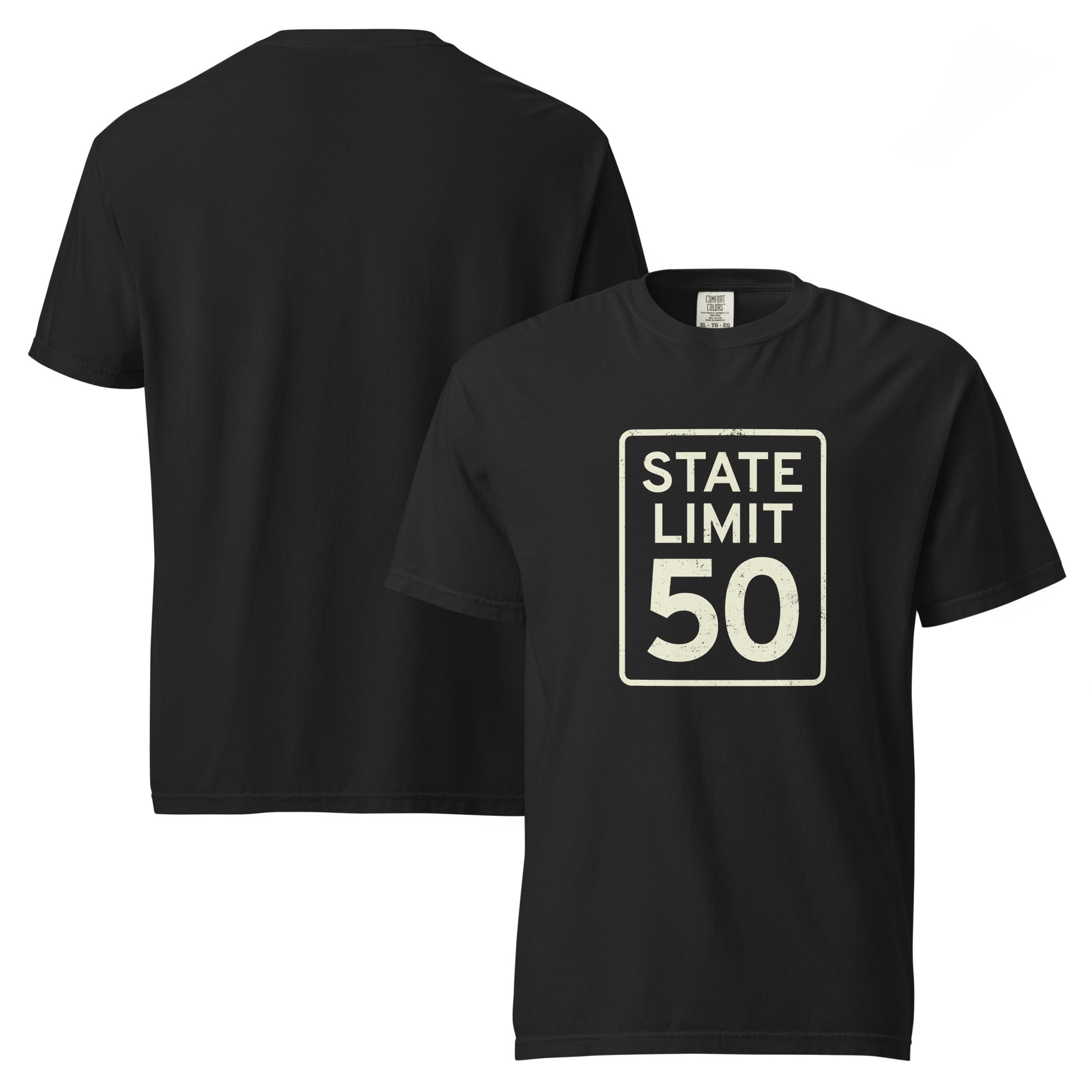 Black graphic graphic t-shirt with a 'State Line | 50 is Just Fine' road sign design by State Limit Apparel.