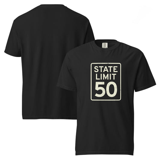 Black graphic graphic t-shirt with a 'State Line | 50 is Just Fine' road sign design by State Limit Apparel.