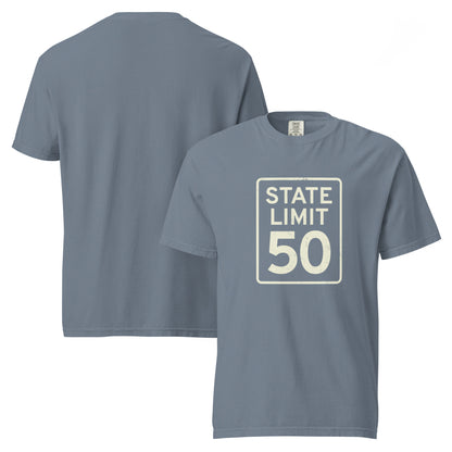 'Blue jean' graphic t-shirt with a 'State Line | 50 is Just Fine' road sign design by State Limit Apparel.