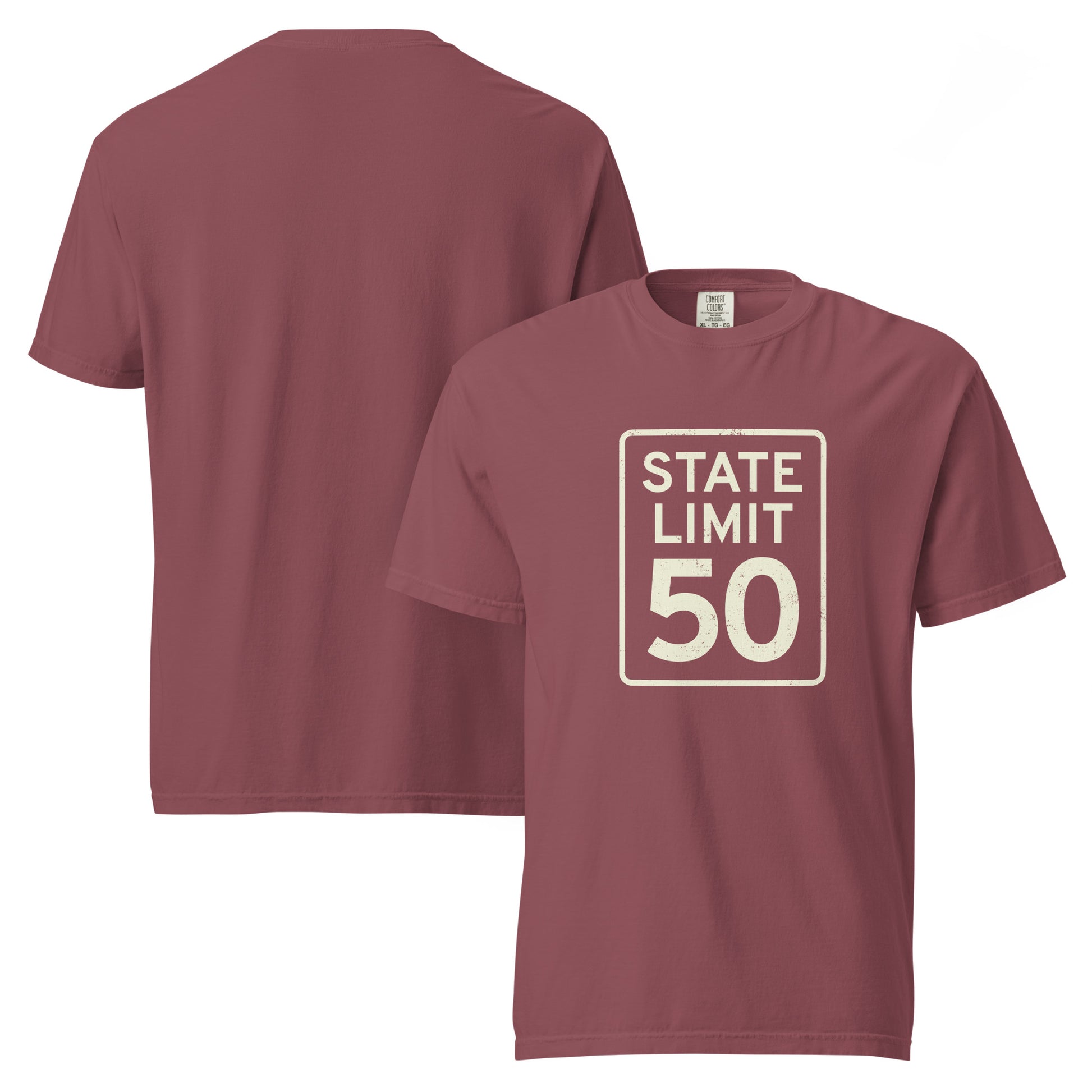 'Brick' graphic t-shirt with a 'State Line | 50 is Just Fine' road sign design by State Limit Apparel.