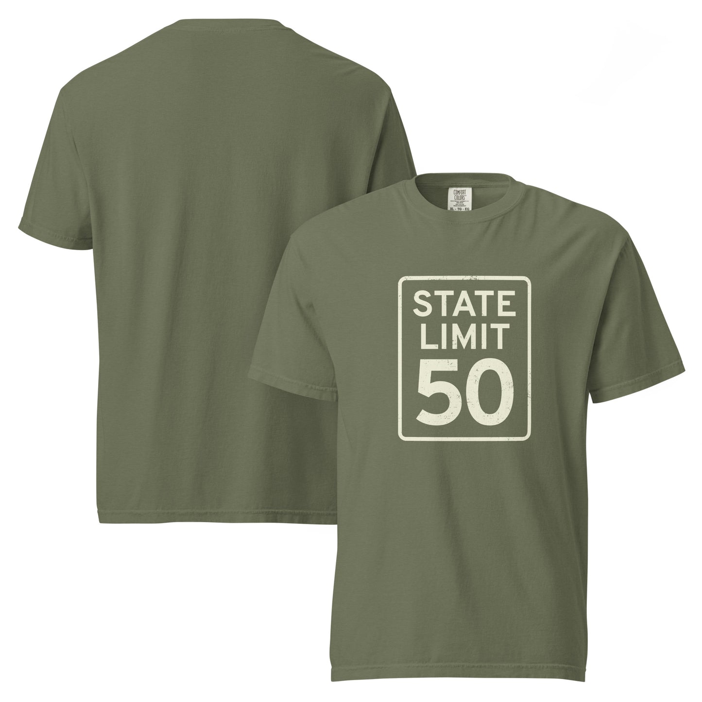 'Moss' graphic t-shirt with a 'State Line | 50 is Just Fine' road sign design by State Limit Apparel.