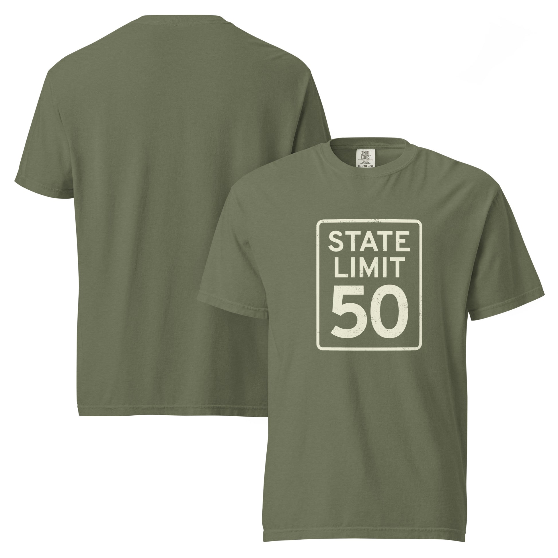 'Moss' graphic t-shirt with a 'State Line | 50 is Just Fine' road sign design by State Limit Apparel.
