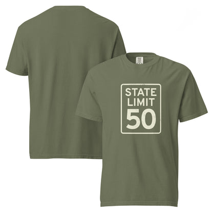 'Moss' graphic t-shirt with a 'State Line | 50 is Just Fine' road sign design by State Limit Apparel.