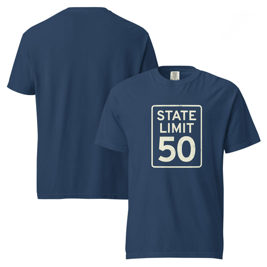 'True navy' graphic t-shirt with a 'State Line | 50 is Just Fine' road sign design by State Limit Apparel.