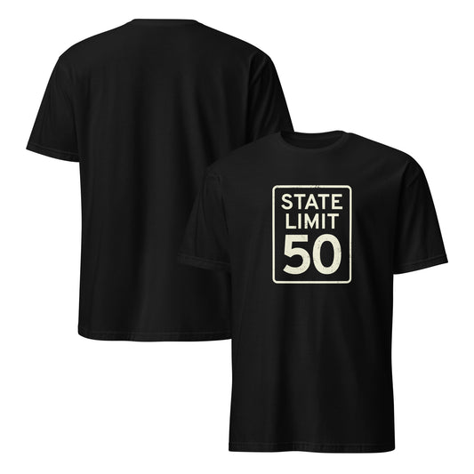 Black graphic t-shirt with a 'State Line | 50 is Just Fine' road sign design by State Limit Apparel.
