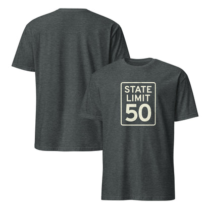 Dark heather graphic t-shirt with a 'State Line | 50 is Just Fine' road sign design by State Limit Apparel.