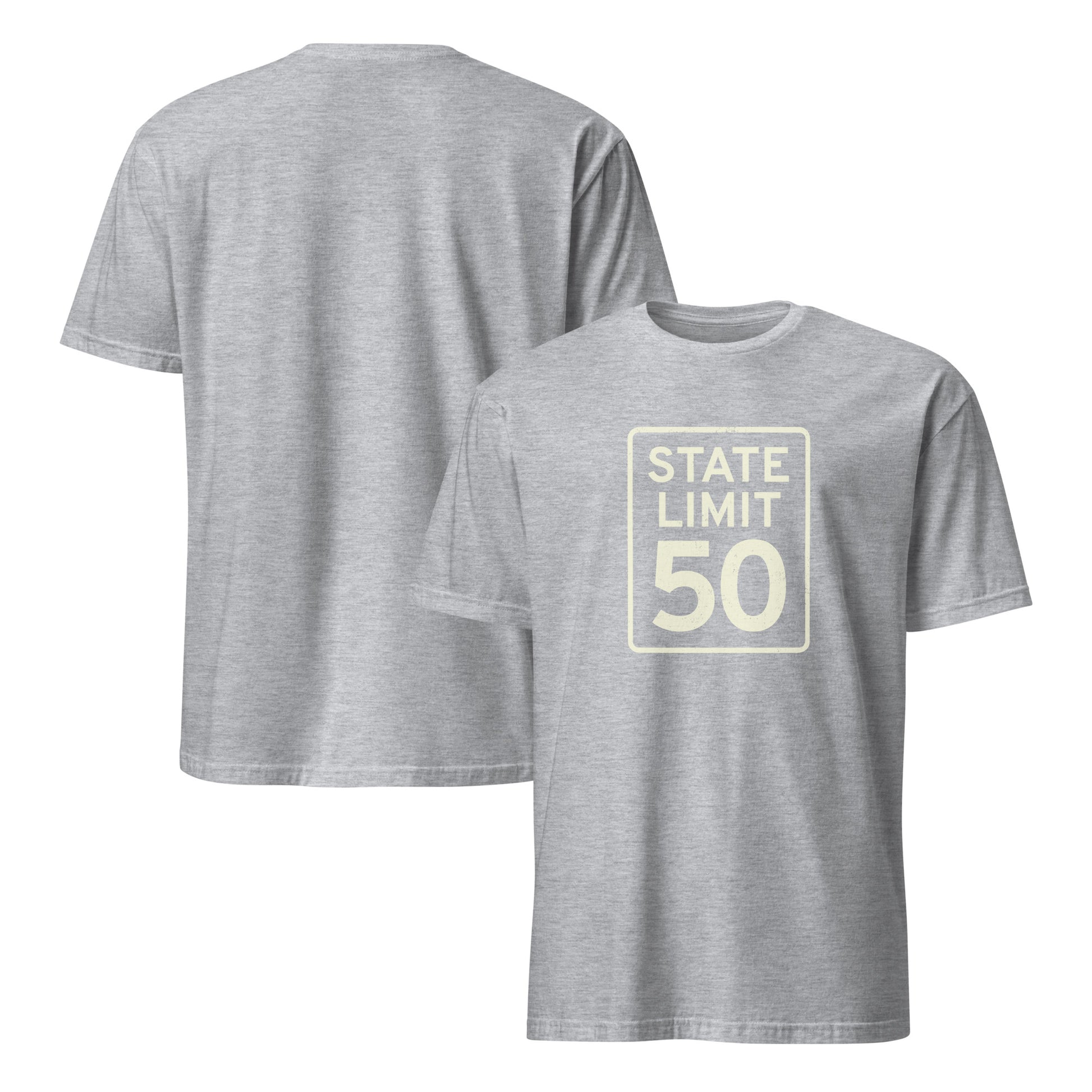 Sport-grey graphic t-shirt with a 'State Line | 50 is Just Fine' road sign design by State Limit Apparel.