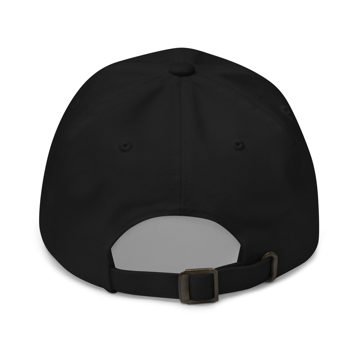 Back view of a black classic dad hat by State Limit Apparel showing the adjustable strap & antique buckle.