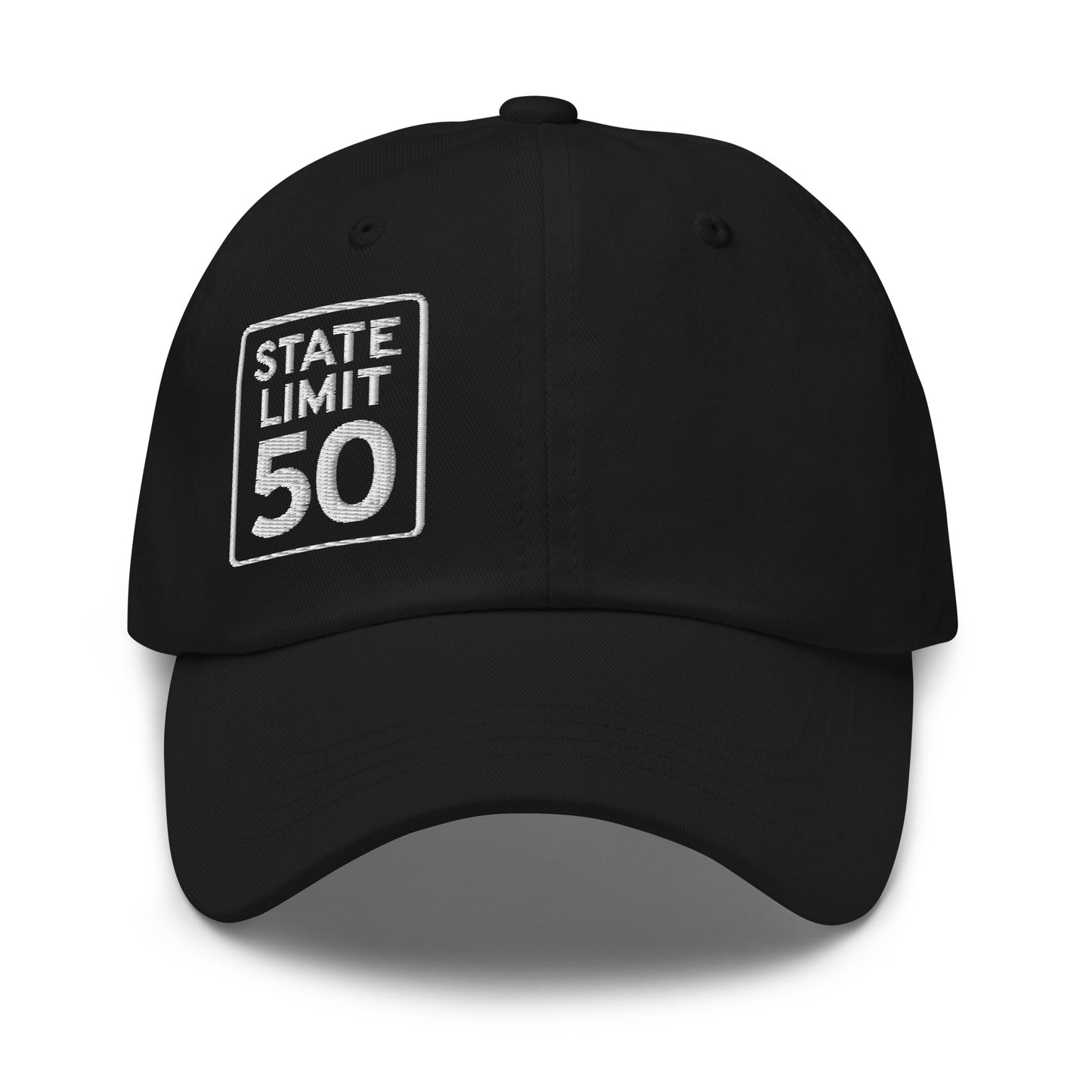 Black classic dad hat embroidered with a 'State Line | 50 is Just Fine' road sign graphic by State Limit Apparel.