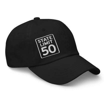 Black classic dad hat embroidered with a 'State Line | 50 is Just Fine' road sign graphic by State Limit Apparel.