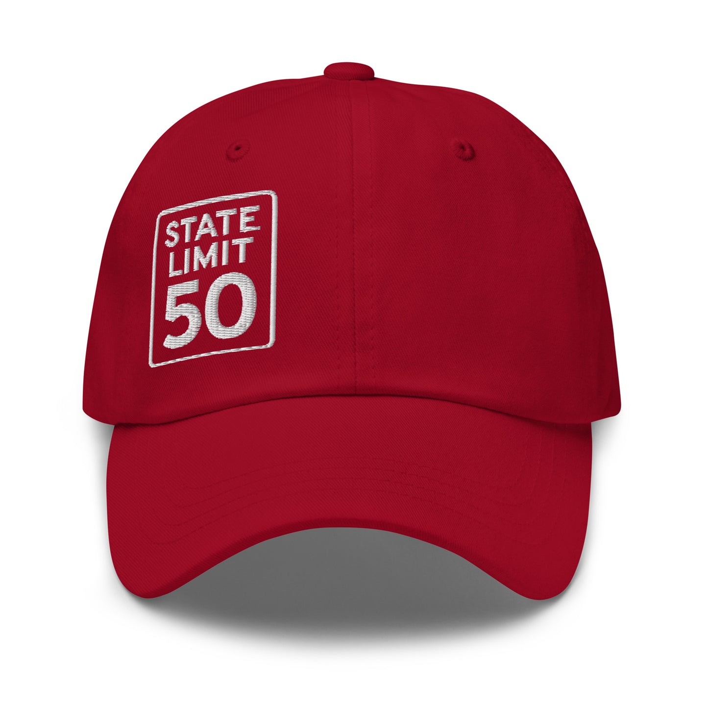 Cranberry red classic dad hat embroidered with a 'State Line | 50 is Just Fine' road sign graphic by State Limit Apparel.