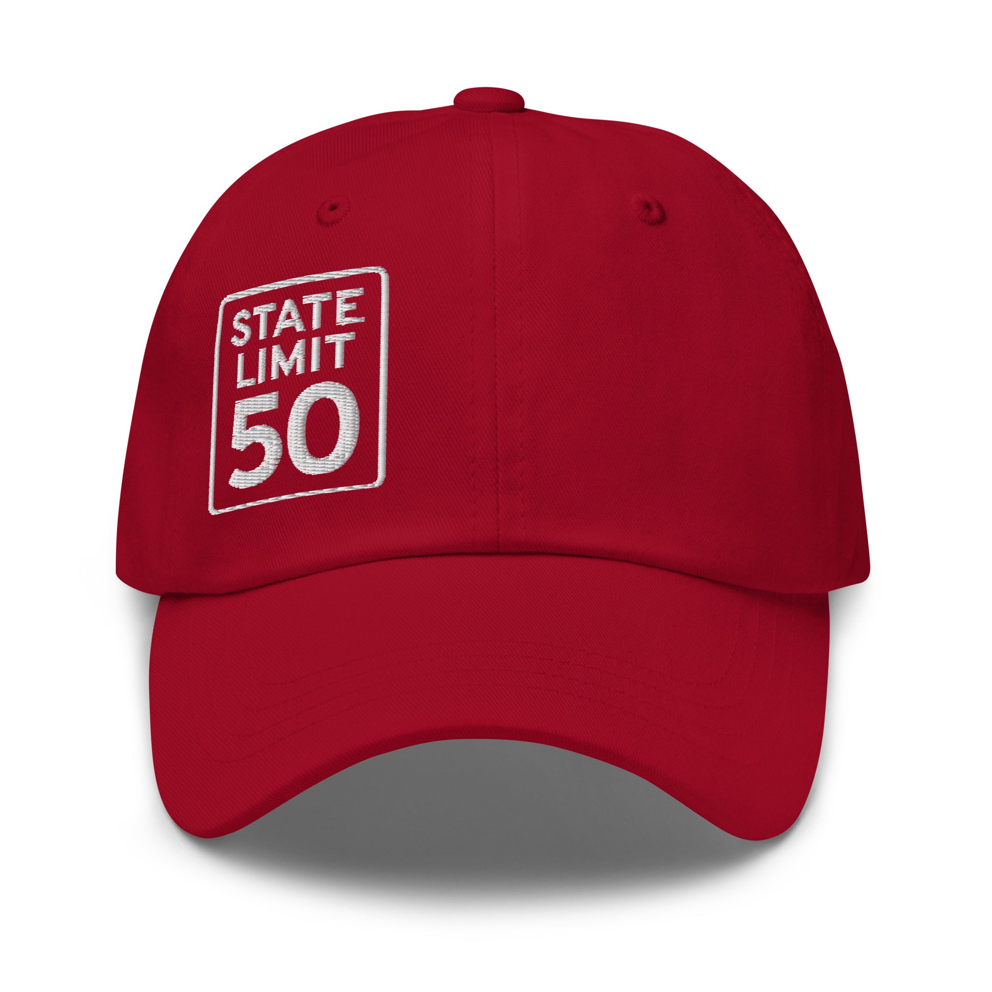 Cranberry red classic dad hat embroidered with a 'State Line | 50 is Just Fine' road sign graphic by State Limit Apparel.