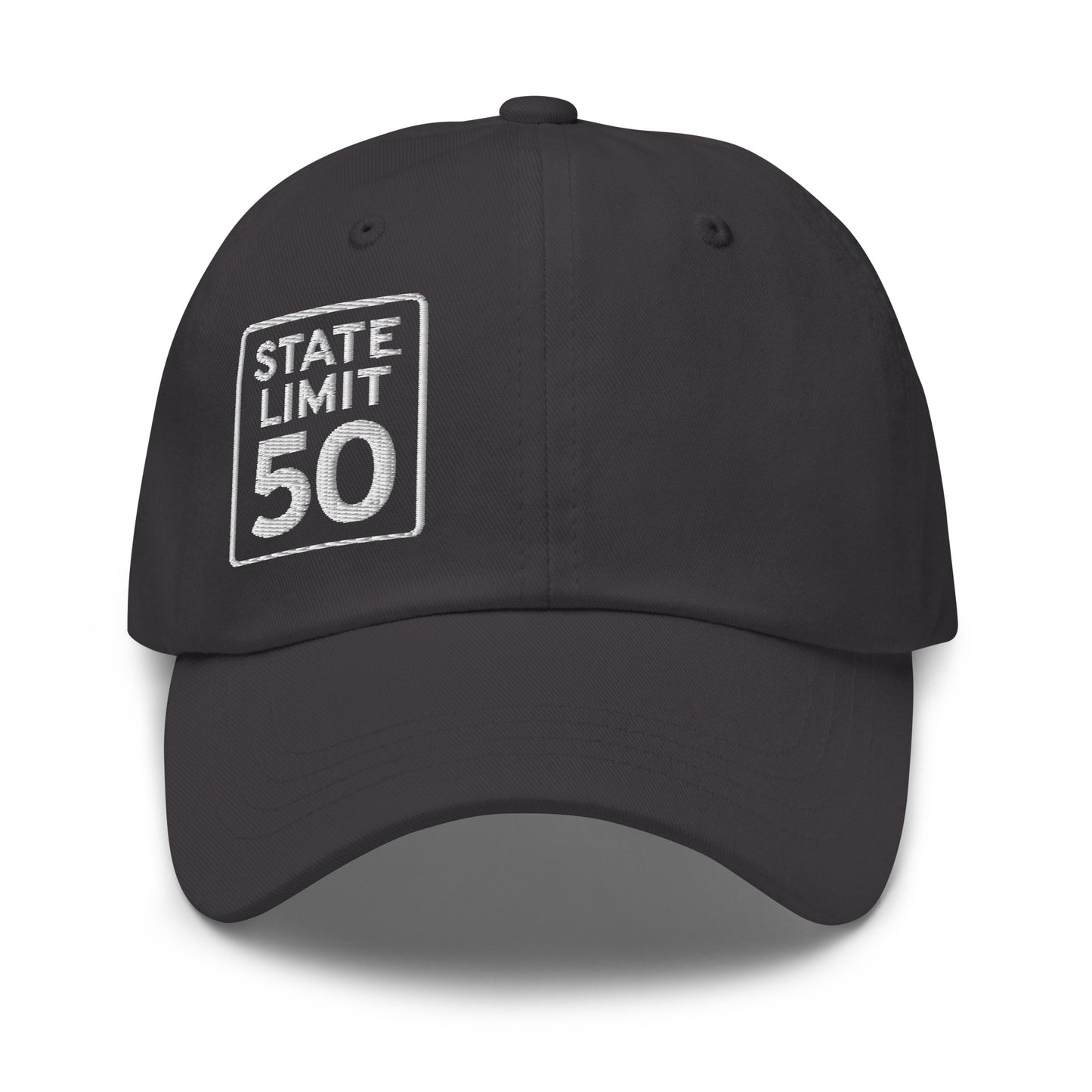 Dark grey classic dad hat embroidered with a 'State Line | 50 is Just Fine' road sign graphic by State Limit Apparel.