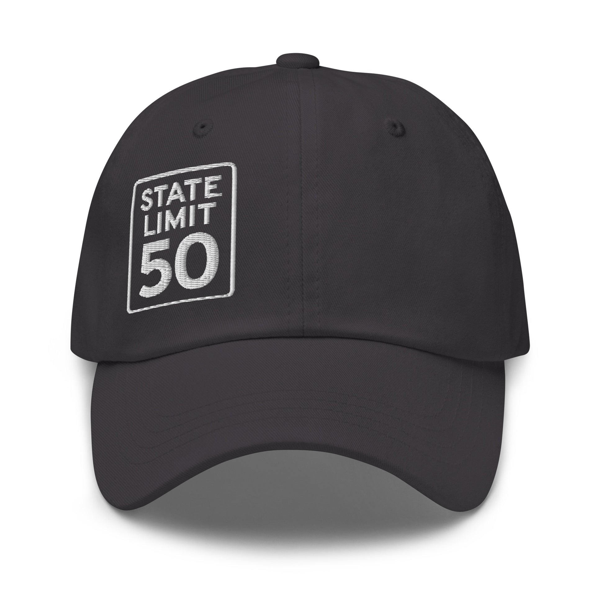 Dark grey classic dad hat embroidered with a 'State Line | 50 is Just Fine' road sign graphic by State Limit Apparel.