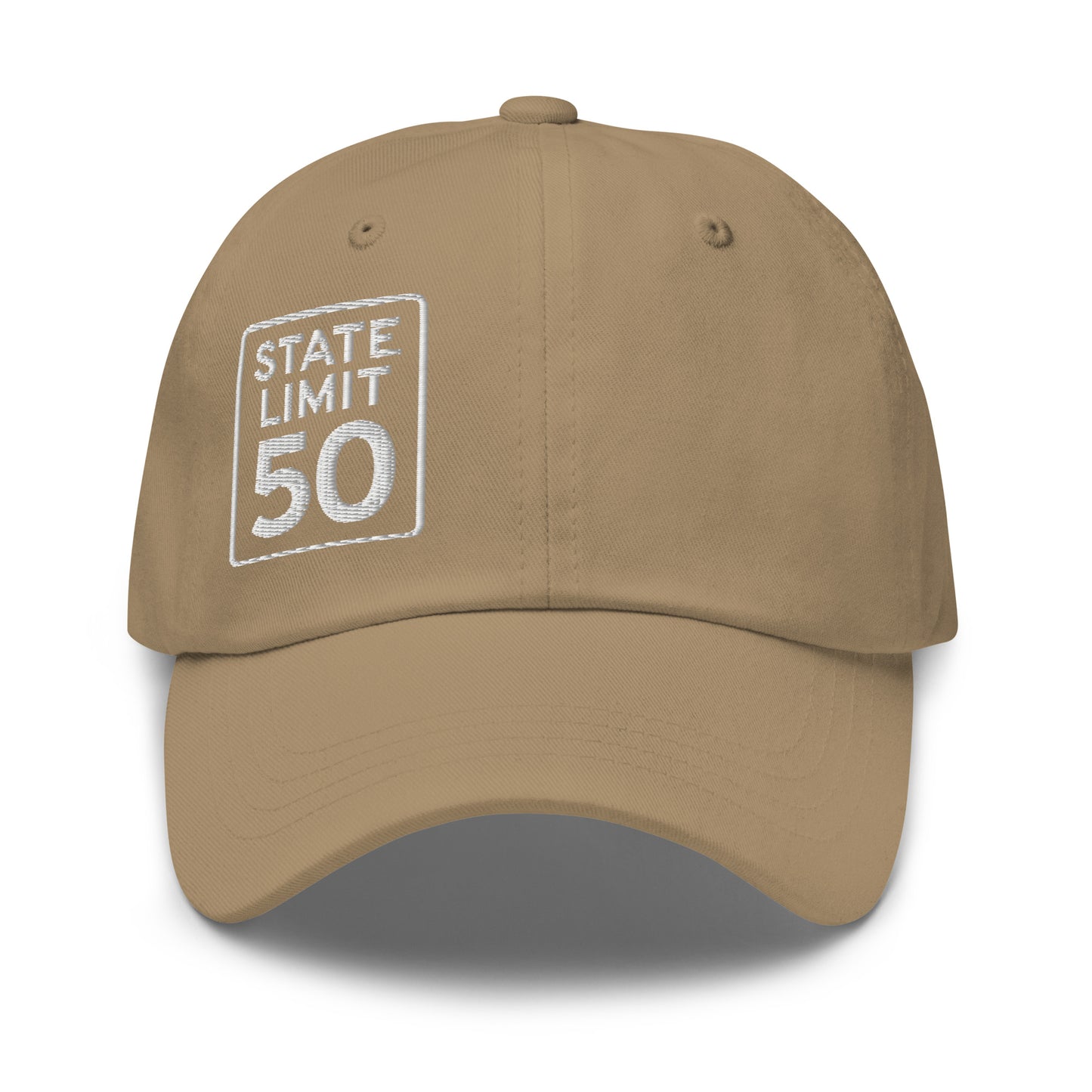 Khaki classic dad hat embroidered with a 'State Line | 50 is Just Fine' road sign graphic by State Limit Apparel.