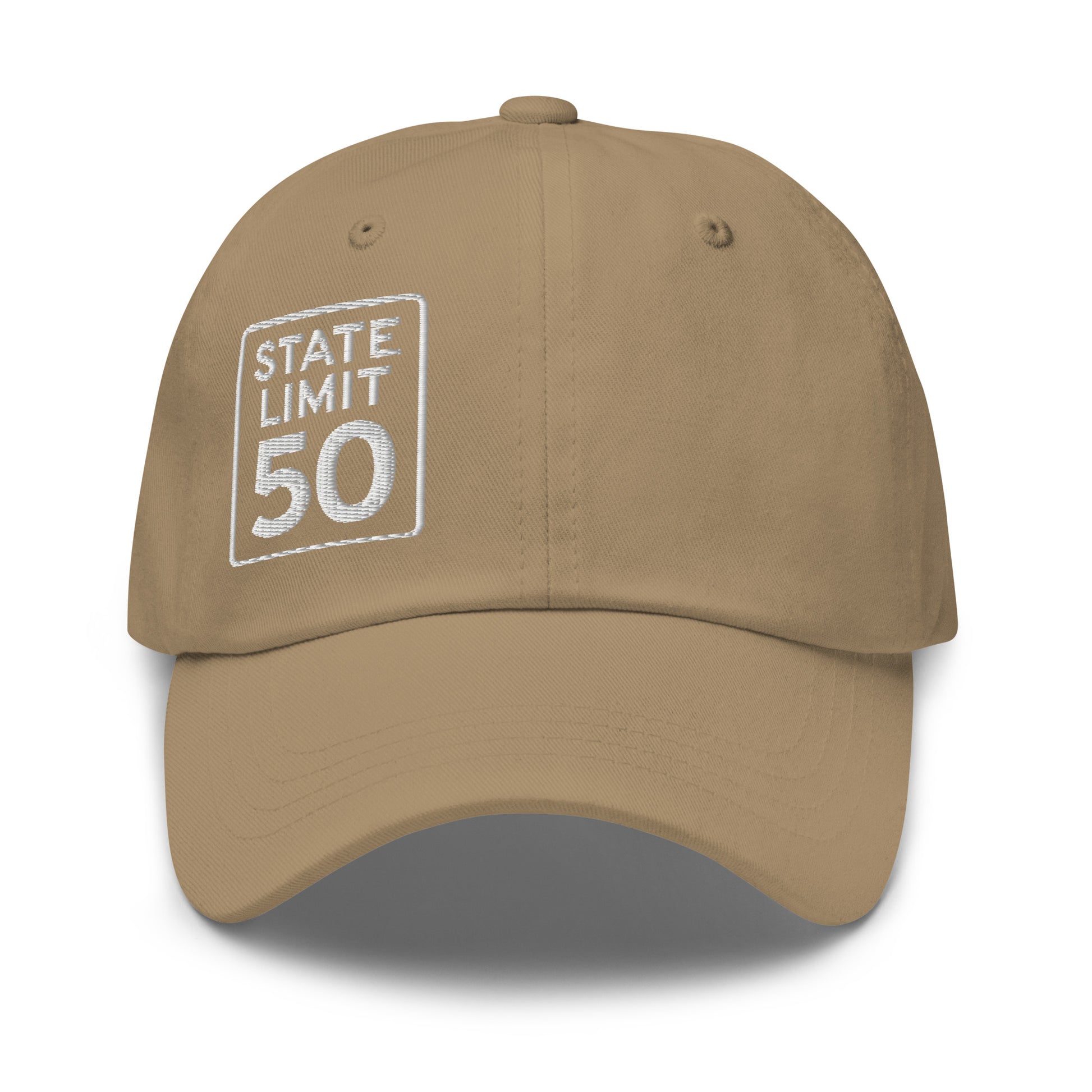 Khaki classic dad hat embroidered with a 'State Line | 50 is Just Fine' road sign graphic by State Limit Apparel.