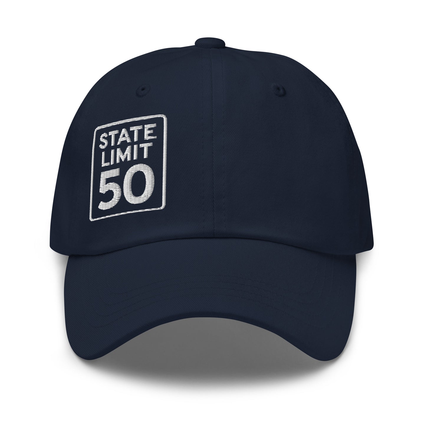 Navy blue classic dad hat embroidered with a 'State Line | 50 is Just Fine' road sign graphic by State Limit Apparel.