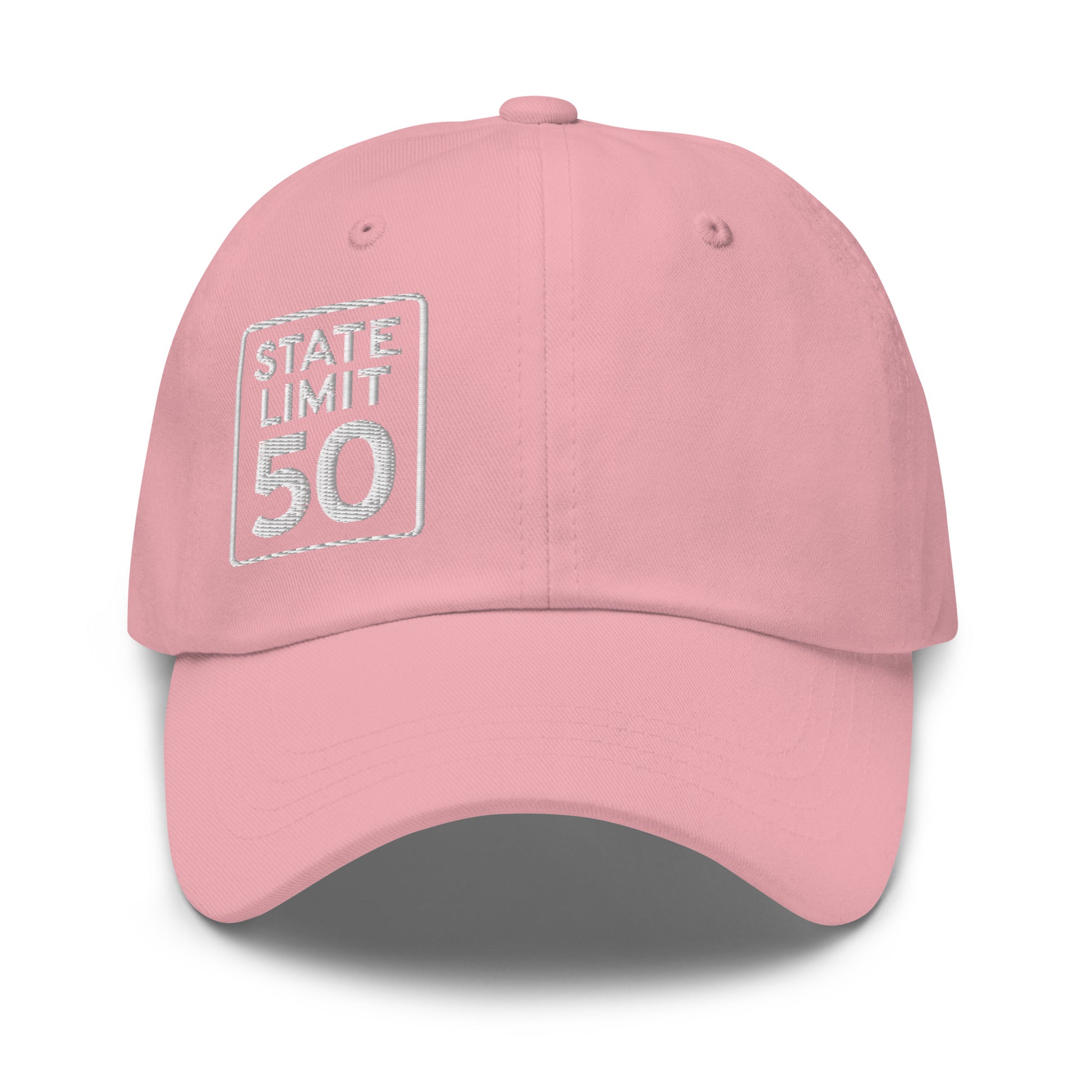 Pink classic dad hat embroidered with a 'State Line | 50 is Just Fine' road sign graphic by State Limit Apparel.