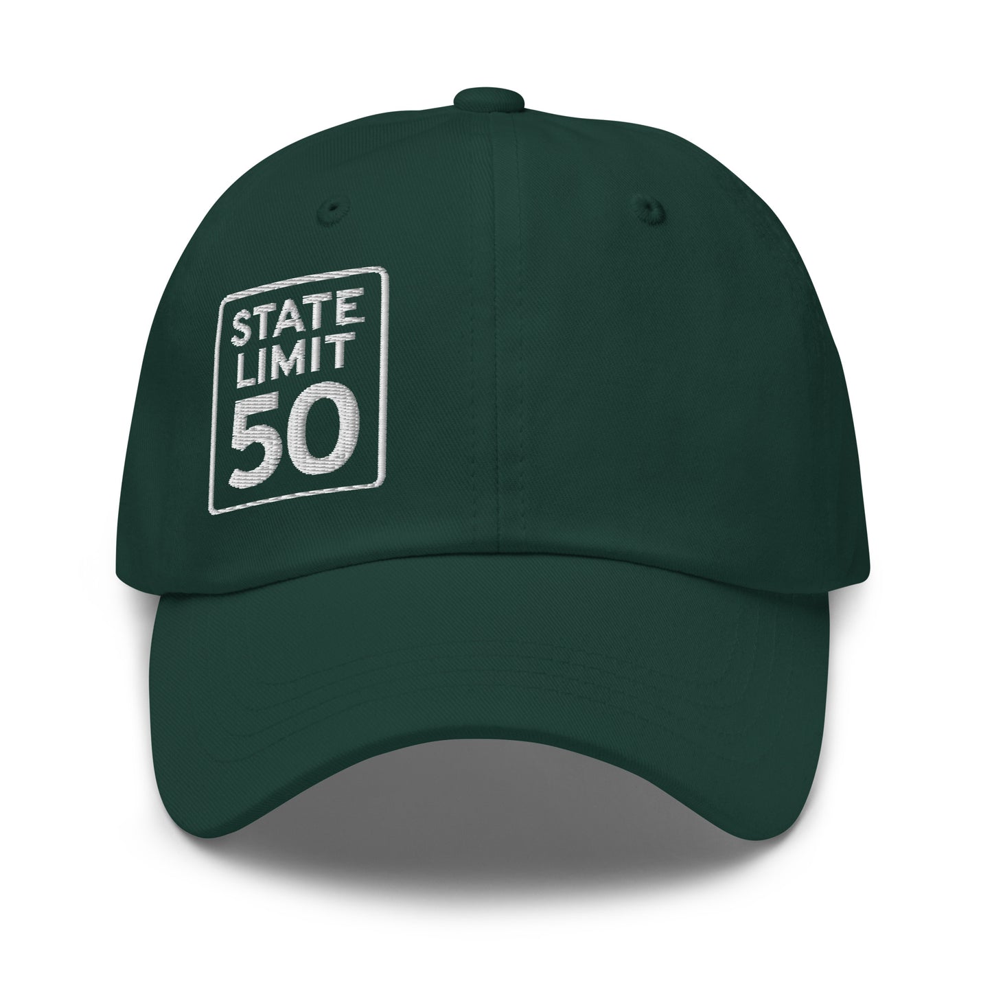 Spruce green classic dad hat embroidered with a 'State Line | 50 is Just Fine' road sign graphic by State Limit Apparel.