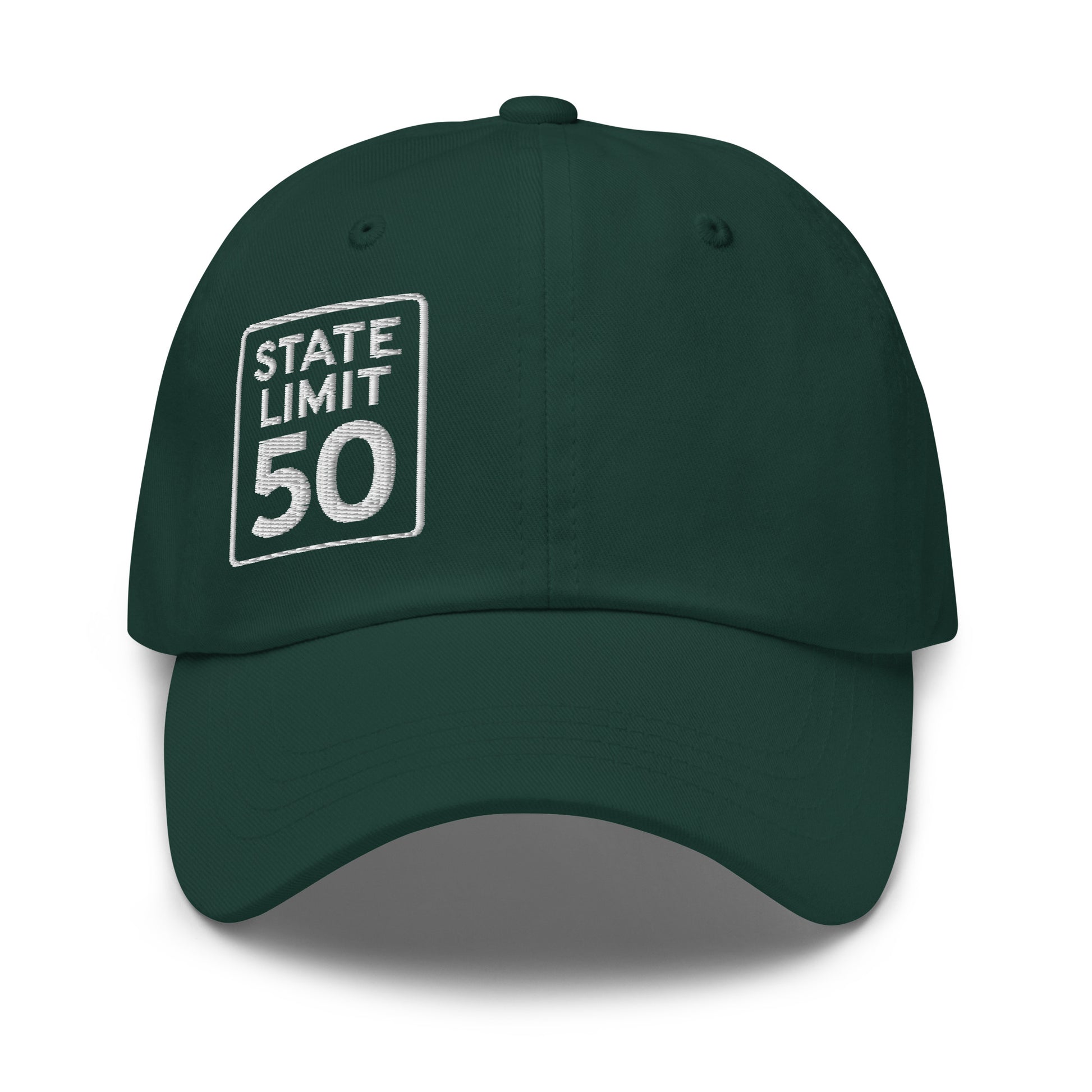 Spruce green classic dad hat embroidered with a 'State Line | 50 is Just Fine' road sign graphic by State Limit Apparel.