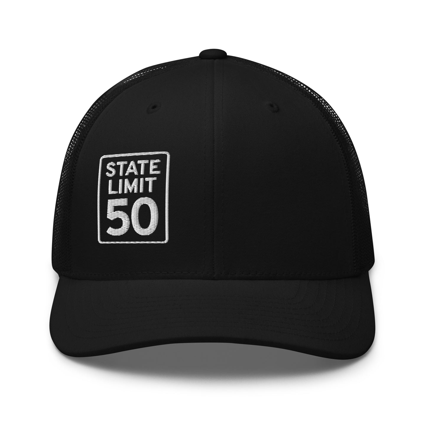 Black retro trucker hat embroidered with a 'State Line | 50 is Just Fine' road sign graphic by State Limit Apparel.
