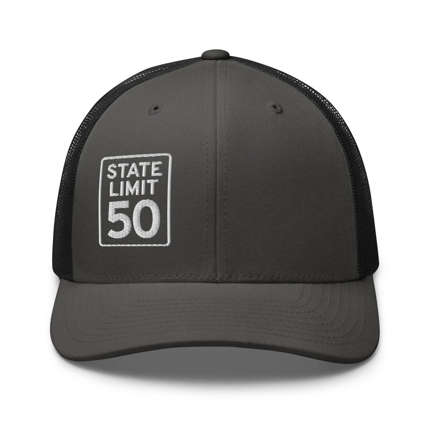 Charcoal-black retro trucker hat embroidered with a 'State Line | 50 is Just Fine' road sign graphic by State Limit Apparel.