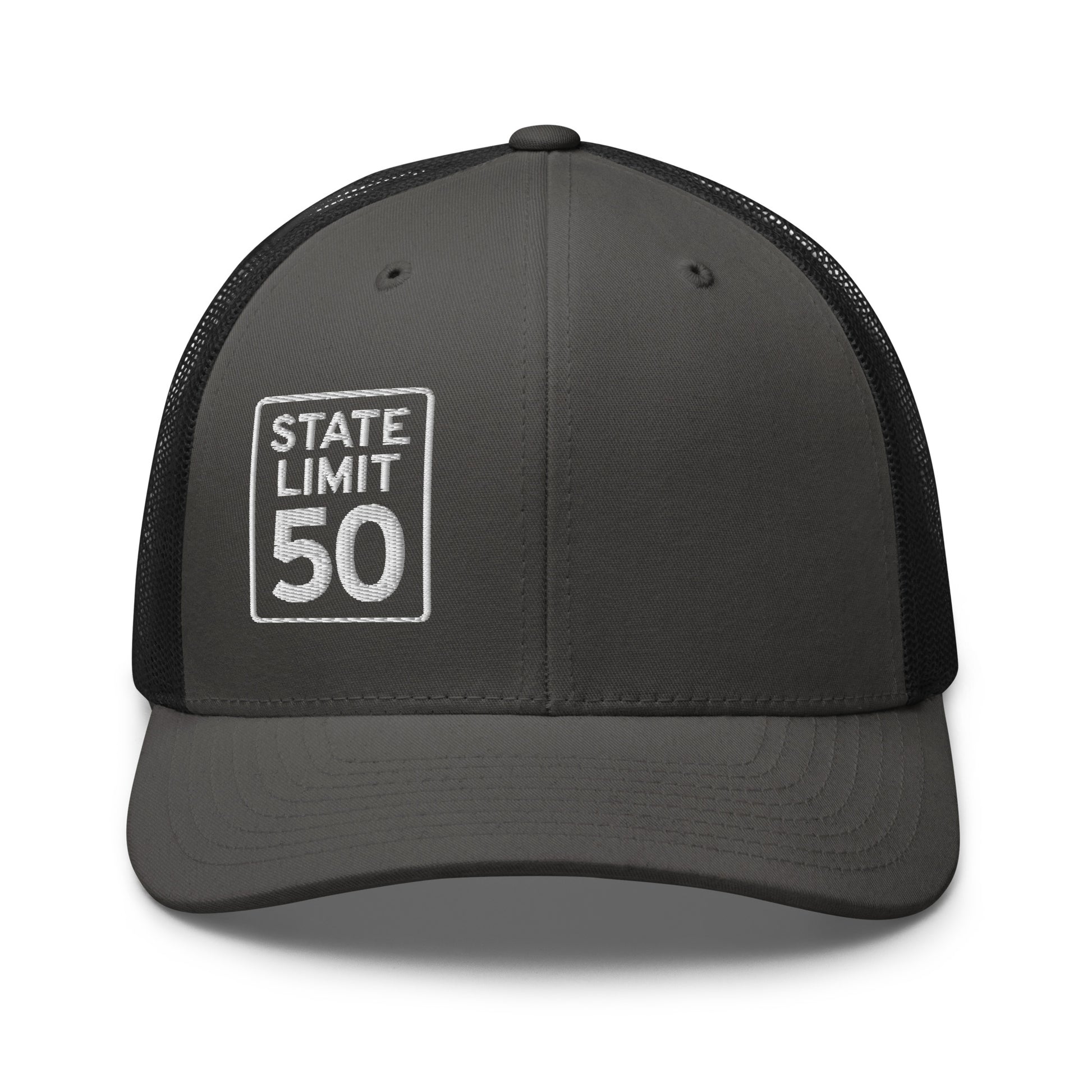 Charcoal-black retro trucker hat embroidered with a 'State Line | 50 is Just Fine' road sign graphic by State Limit Apparel.