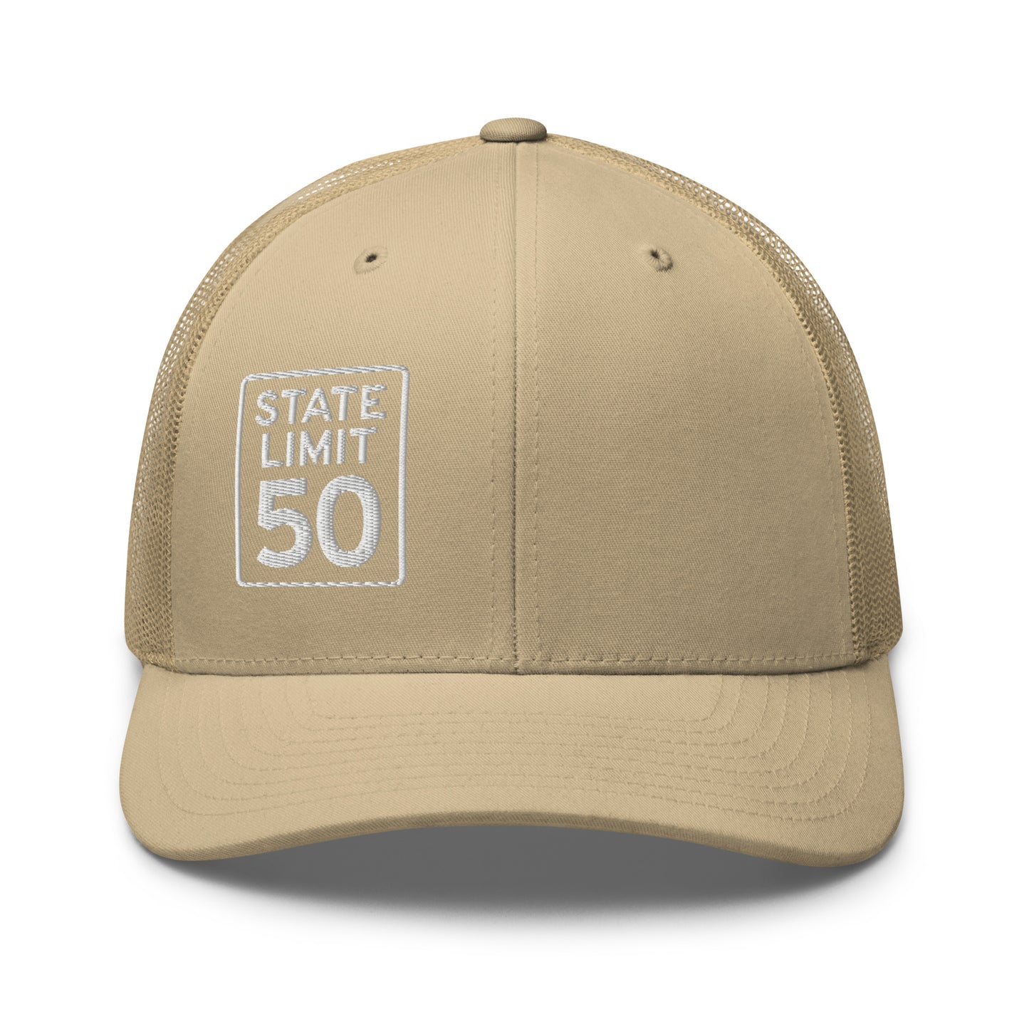 Khaki retro trucker hat embroidered with a 'State Line | 50 is Just Fine' road sign graphic by State Limit Apparel.