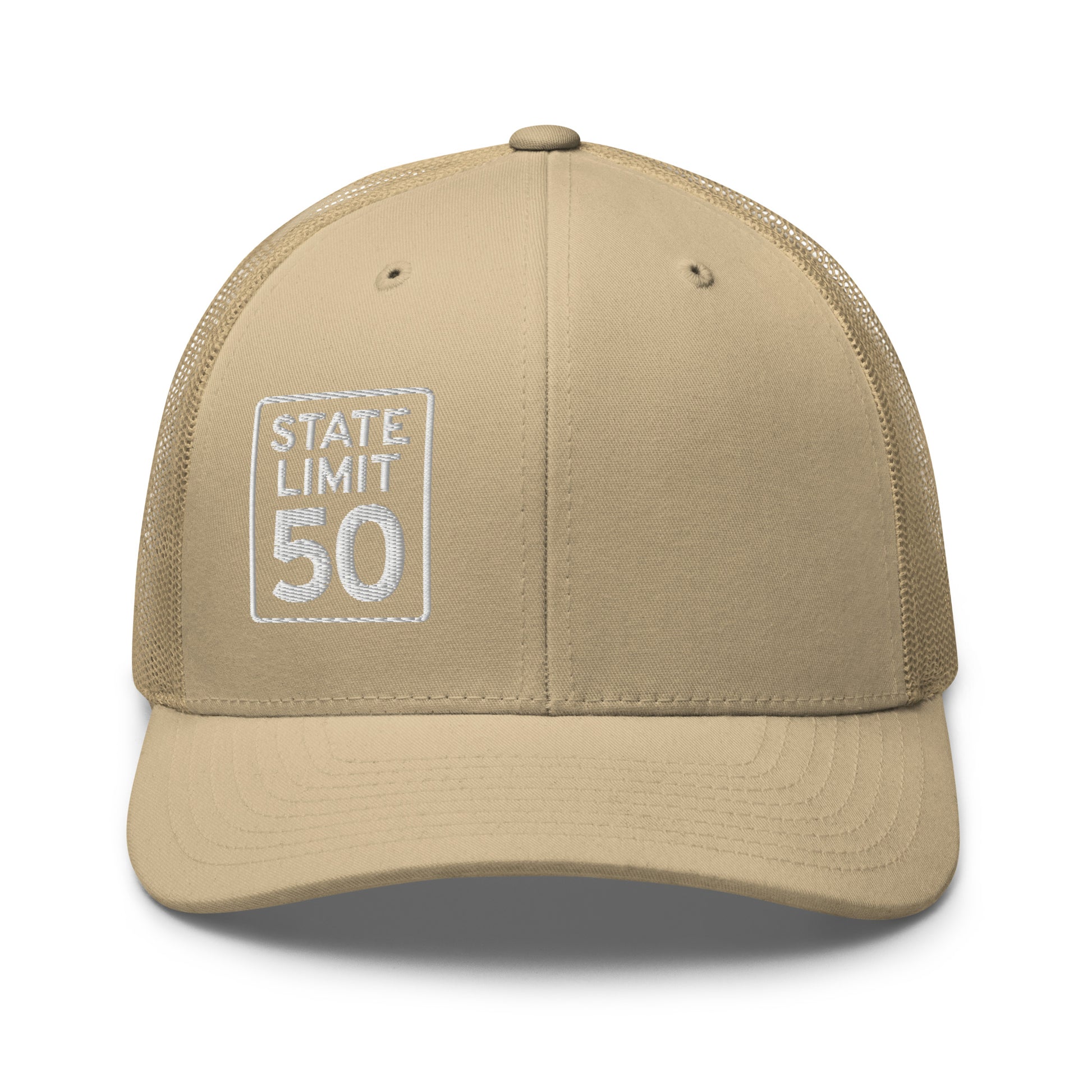 Khaki retro trucker hat embroidered with a 'State Line | 50 is Just Fine' road sign graphic by State Limit Apparel.